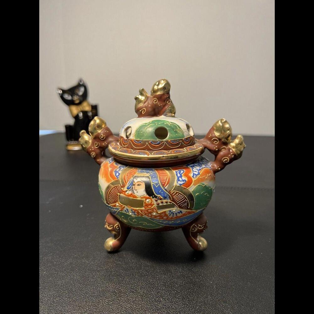Japanese Antique 1868 To 1912 Meiji Satsuma Moriage Dragonware Immortals Incense